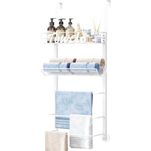 SWTYMIKI Over The Door Towel Racks for Bathroom - 5-Tier Wall Mounted Bathroom Towel Storage Organizer Holder with Metal Shelf, White