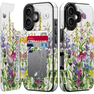 Goodon for iPhone 16 Plus Wallet Case with Card Holder,RFID-Blocking,Aesthetic Vintage Floral Girly Shell,Trendy Unique Cool Retro Protective Phone Cover for Women Girls - Blooming Wildflowers