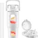 Glass Water Bottle with Handle and Straw, Leakproof Sports Glass Bottle with Time Marker and Silicone Sleeve,  Glass Water Bottle for Travel, Gym, Workout, White