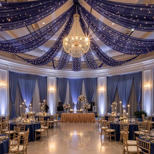 FrohFest 4 Panels Dark Blue Ceiling Curtains with Lights for Weddings - 5ftx10ft Wrinkle-Free Tulle Fabric Wedding Arch Draping Ceiling Drapes Decorations for Wedding Party Ceremony Stage Tent Event