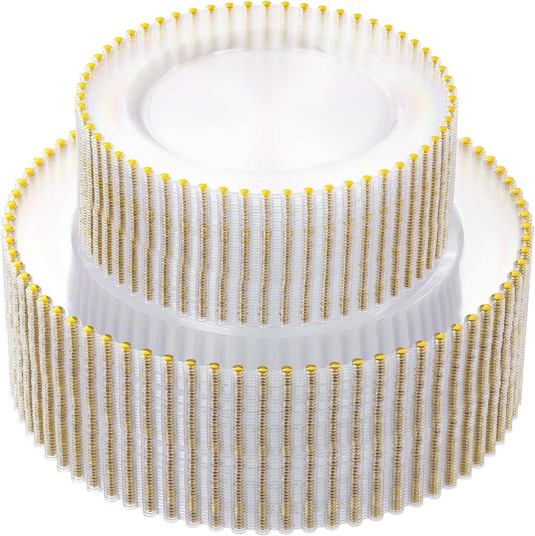 supernal 100pcs Clear Plastic Plates with Gold Beads-Clear and Gold Plastic Plates Disposable Heavy Duty-50 Dinner Plate 10.25inch and 50 Dessert Plate 7.5inch for Wedding,Birthday,Bridal Showers