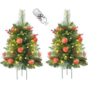 2 Pack Prelit Outdoor Christmas Tree 30 Inch, Remote Control Battery Operated with 100 Warm White Multi-Color Changing LED Lights, Small Pre-Decorated Green Xmas Tree for Pathway, Porch (Red)