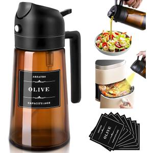 16oz/470ml Olive Oil Sprayer for Cooking, 2 in 1 Oil Dispenser Bottle Spray and Pour with Stickers, Premium Dark Brown Glass Oil Bottle for Air Fryer, and Salad