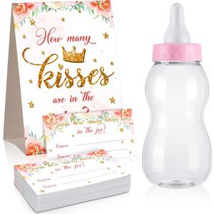 Fuutreo Guess How Many Baby Shower Game Sign with 50 Cards Pink Floral Greenery Baby Shower Decorations with 2.76 x 2.76 x 8.27 Inch Bottles for Girl Boy Party Games Favor Gift(Cute Style)