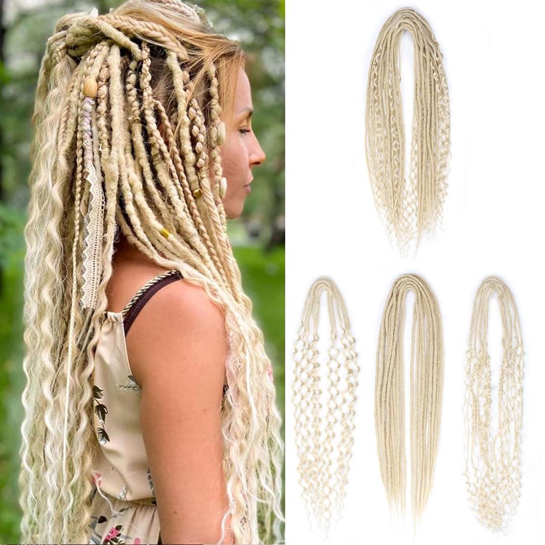 Double Ended 3 in 1 Dreadlock Extensions, 24 inch 15pcs Black Mixed Dreads Extensions Set DE Dreads with Curly Dreadlocks for White Women