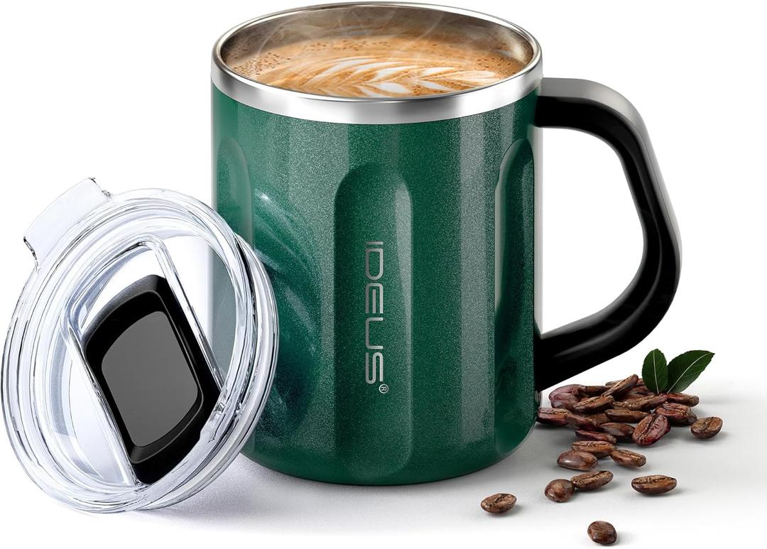 Ideus 16 oz Coffee Cup, Stainless Steel Coffee Travel Mug, Spill Proof Tea Mug with Handle and Lid, Lightweight and Durable, Great for Office Home and Outdoor Use, Deep Green
