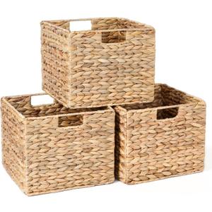 Water Hyacinth Storage Baskets, 12X12X10in Wicker Storage Cubes Set of 3, Kitchen Baskets for Pantry Organization, Foldable Square Baskets for IKEA Kallax