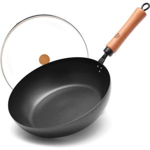 WANGYUANJI 11-Inch Carbon Steel Frying Pan with Beech Wooden Handle & Glass Lid - Physical Non-Stick, Non-Coating Skillet for Induction, Sauting, Frying, Stir-Frying (Black)