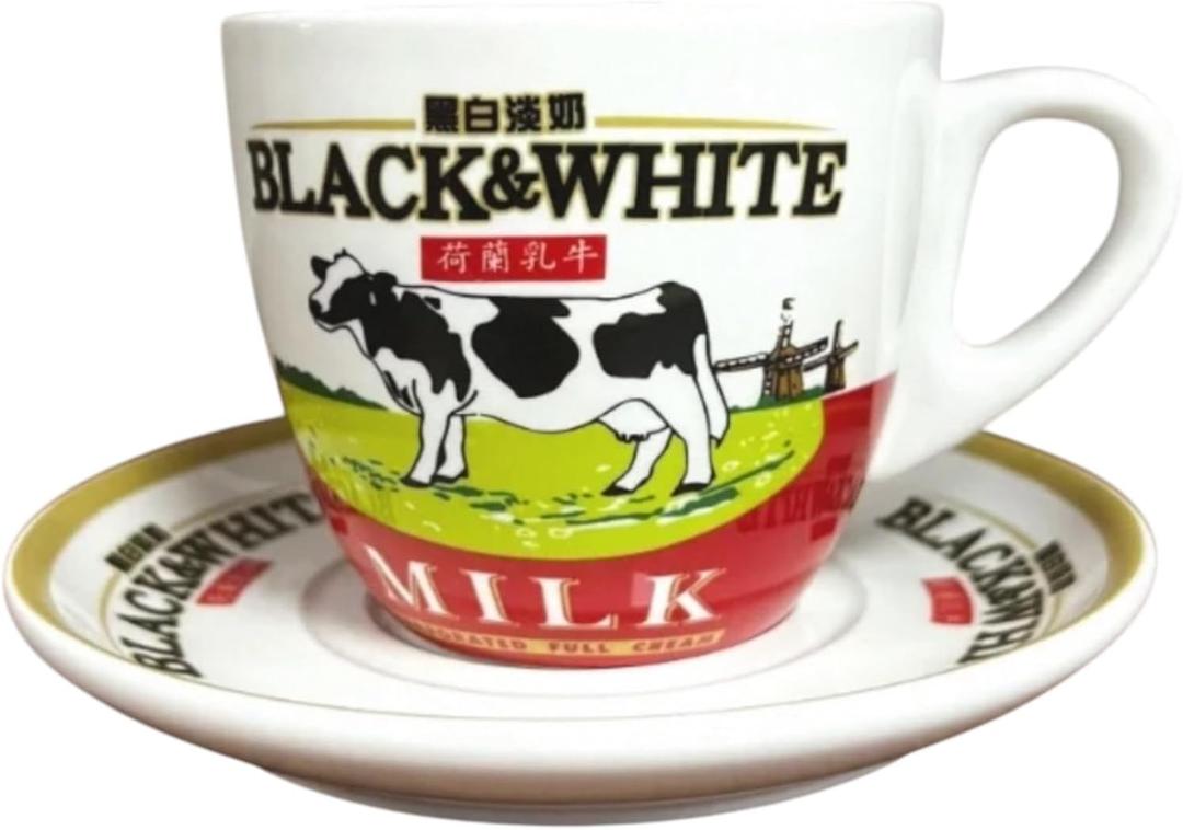 Black & White Milk Themed Tea Cup and Saucer Set, Ceramic, Decorative Cow Design