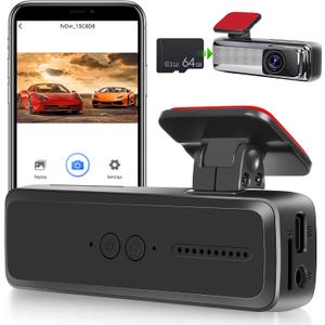 1080P Dash Camera for Cars - Mini Dash Cam with App Control with ADAS Assistive Driving / 150 Wide Angle/WDR/HDR/G-Sensor/Loop Recording/Night Vision + 64G Card