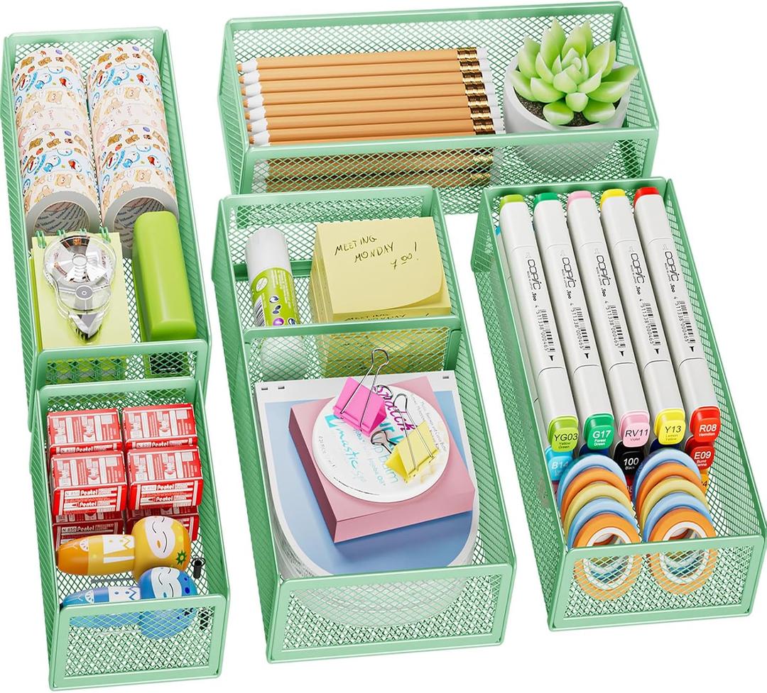 Marbrasse 5 Pack Desk Drawer Organizer Set, Mesh Drawer Storage Trays with 1 Adjustable Divider, Desk Organizers and Accessories, 5 PCS Drawer for Office Supplies, Makeup & Vanity (Green)