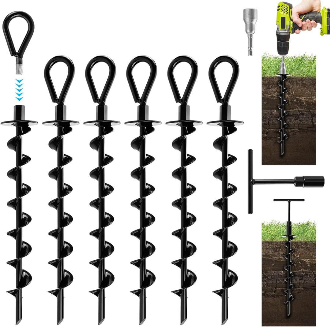 6 Pack Heavy Duty Ground Anchors, Shed Anchors kit, Swing Set Anchor 14 Inch Screw in Earth Anchors Trampoline Stakes Metal Auger Anchor for Shed Tent Carports Securing Animals Camping