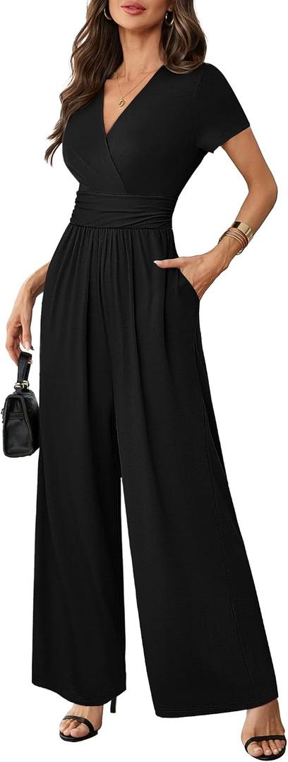 LOOKBOHO Women Dressy Casual Jumpsuits Elegant High Waist Side Ruched Romper Summer Short Sleeves Wide Leg Pants (Black, S)