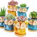Dicunoy 6 Pack Mini Animal Succulent Planters with Bamboo Tray, 4" Ceramic Fox Flower Pots with Drainage Hole, Cute Cactus Planter for Indoor Plants, Home, Office, Window Decoration