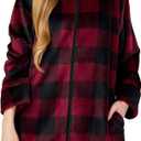 SIORO Fleece Robes for Women Plush Zipper Front Bathrobe Knee Length Warm Housecoat Long Sleeve Cozy Sleepwear with Pockets (Large, Red and Black Plaid)