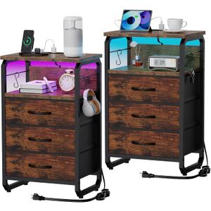 runjuly Night Stand Set 2, Nightstand with LED Lights and Fabric Drawers, Matching End Tables with Charging Station USB C Port, Bedside Tables with Hooks for Bedroom, Rustic Brown