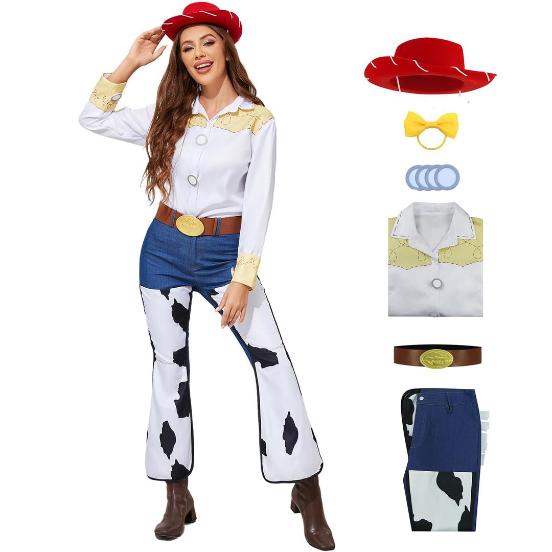 Cowgirl Costume for Women Classic Toy Halloween Outfit Adult Cosplay Shirt Pants Hat Belt Hippie Set, Small