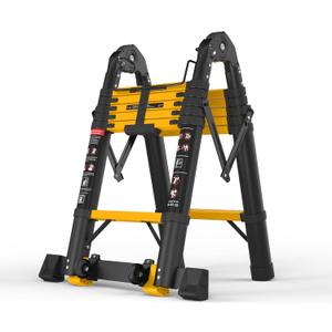 12.5 FT Telescoping A Frame Ladder, 6 Step, ANSI Certified, Type I Heavy Duty, 330lbs Max Capacity, Aluminum Extension Ladder for Home, Roof, RV; Yellow