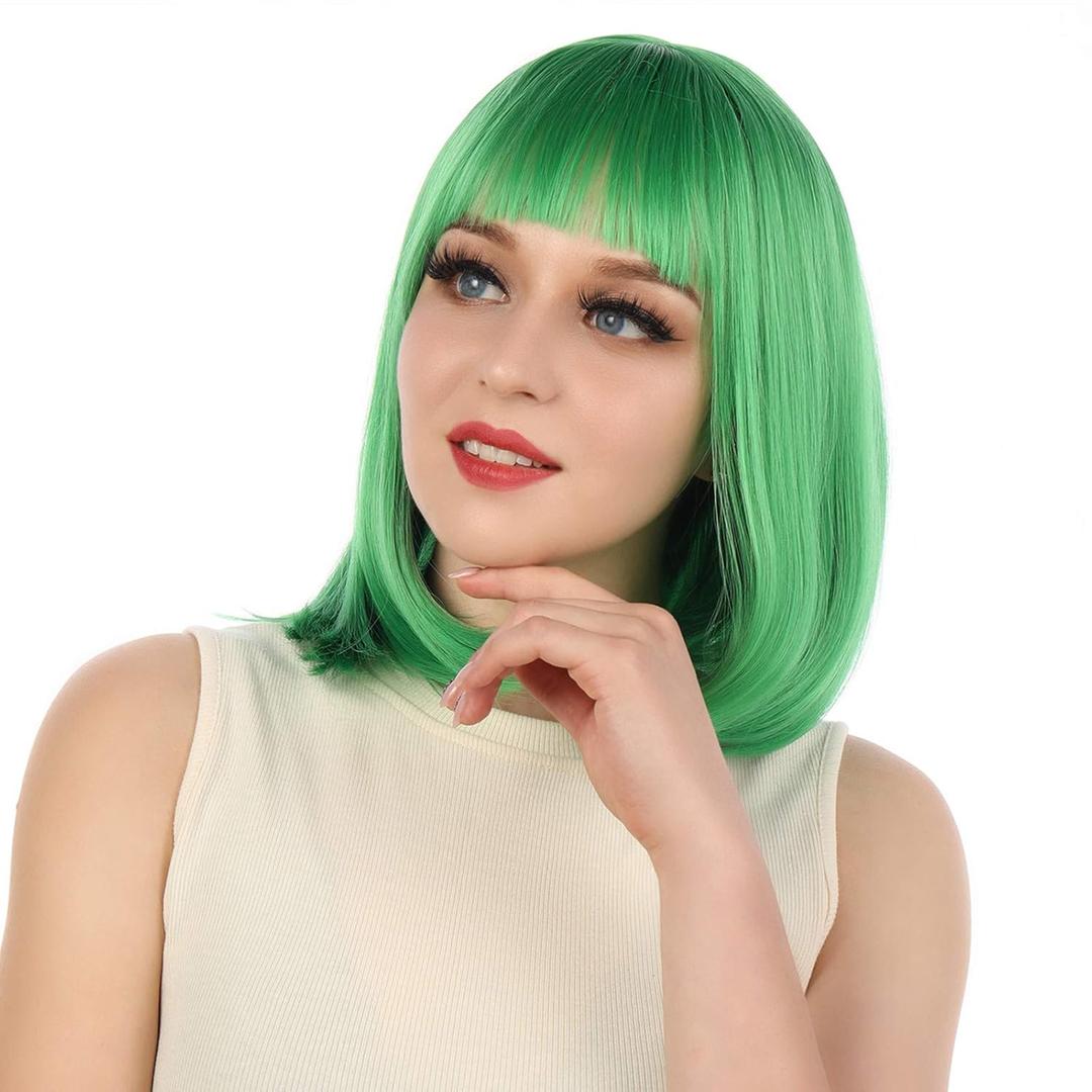 eNilecor Short Bob Hair Wigs 12" Straight with Flat Bangs Synthetic Colorful Cosplay Daily Party Wig for Women Natural As Real Hair+ Free Wig Cap (Green)