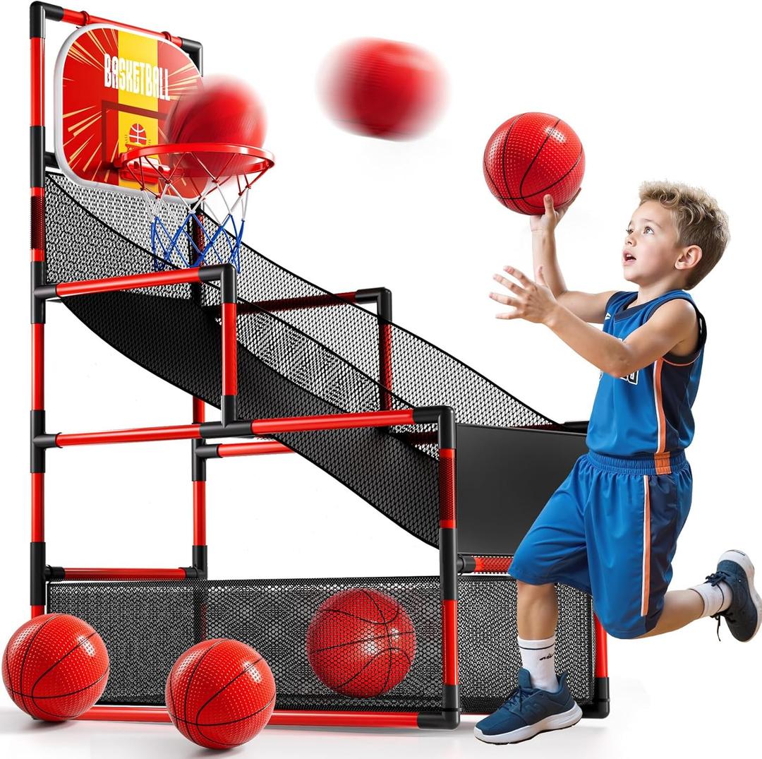 Arcade Basketball Game Indoor, Kids Ajustable Basketball Hoop, Outdoor Carnival Sports Play Toy with 4 Balls and Air Pump, Educational Birthday Gift for Boys Girls 3 4 5 6 7 8 Year Old (Red)