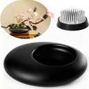 Japanese Inspired Ceramic Vase Ikebana kit, Pebble Shaped Flower Arrangement Bowl with 2inch Flower Frog Pin Frog Flower Stems Holder (Black)