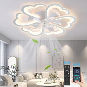 27" Smart Ceiling Fan with Lights and Remote, Modern Flush Mount Enclosed Ceiling Fan, Low Profile Dimmable Indoor Ceiling Fan Light for Bedroom Living Room Kitchen Kids Room Patio - White