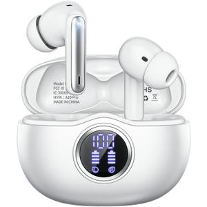 Wireless Earbuds, Bluetooth 5.3 Headphones HiFi Stereo 50H Playback LED Digital Display Ear Buds with ENC Noise Canceling Headset, IPX7 Waterproof Earphones for Gym/Running/Work (White)