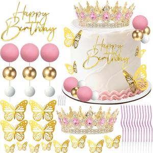 AMZVALU Crown Cake Topper, Balls Happy Birthday Cake Topper Pink Crown Birthday Candles Gold Butterflies, Corona Para Pastel, Cake Decorations for Birthday Wedding (Gold, Pink)