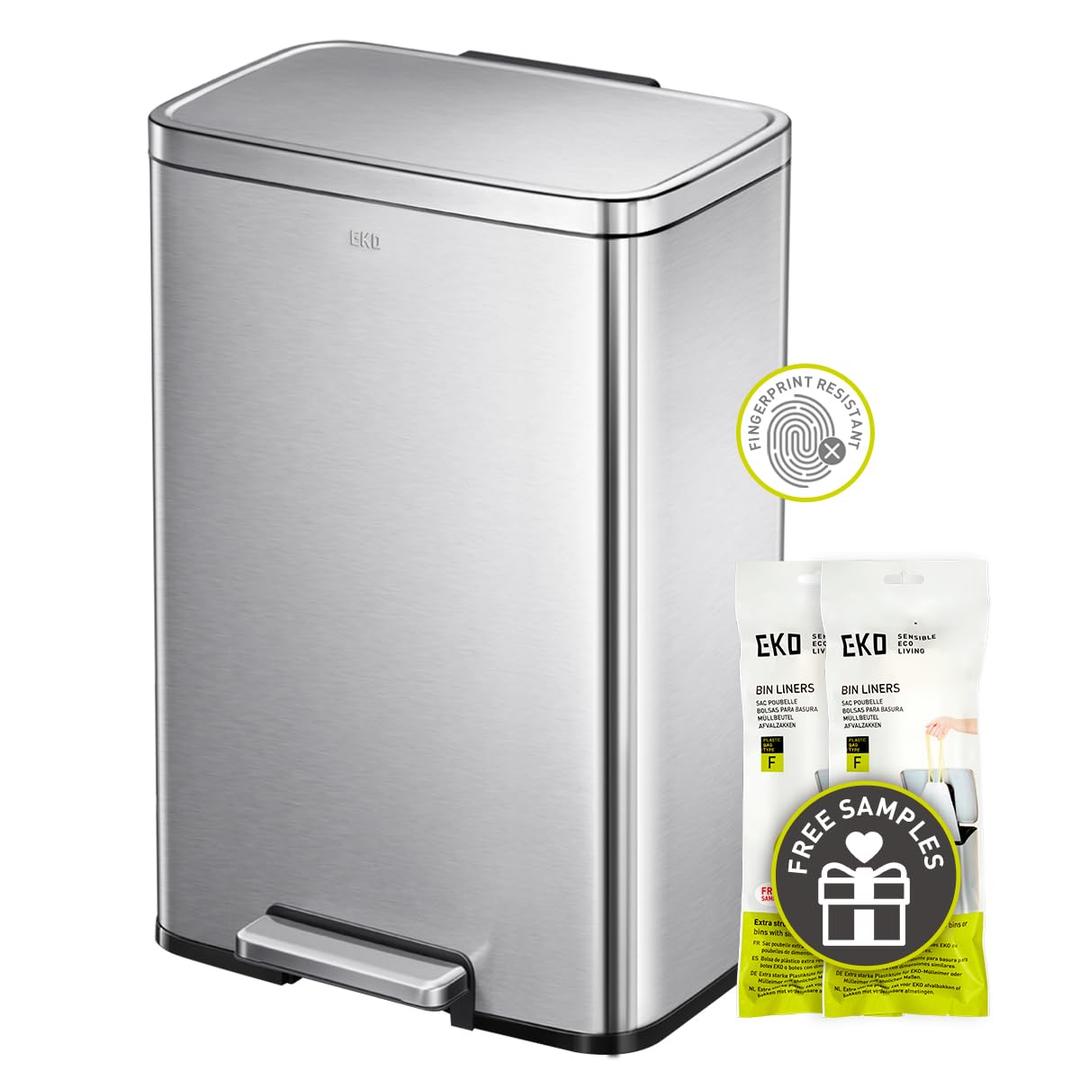 EKO Madison Brushed Stainless Steel 13.2 Gal/50L Kitchen Step Trash Can or Recycling Bin, Removable Inner Liner, Soft Close Lid, Fingerprint Resistant Finish