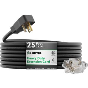 PLUGTUL 20AMP Extension Cord 25FT, NEMA 5-20 Heavy Duty Extension Cord, Lighted End, 12Gauge, SJTW, 20AMP 125V 2500W, Black