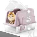 Stainless Steel Cat Litter Box Fully Enclosed Extra Large Metal High Sided Cat Box with 120 Fully Transparent See-Through Flip Lid, Scoop & Mat - Pink -XL