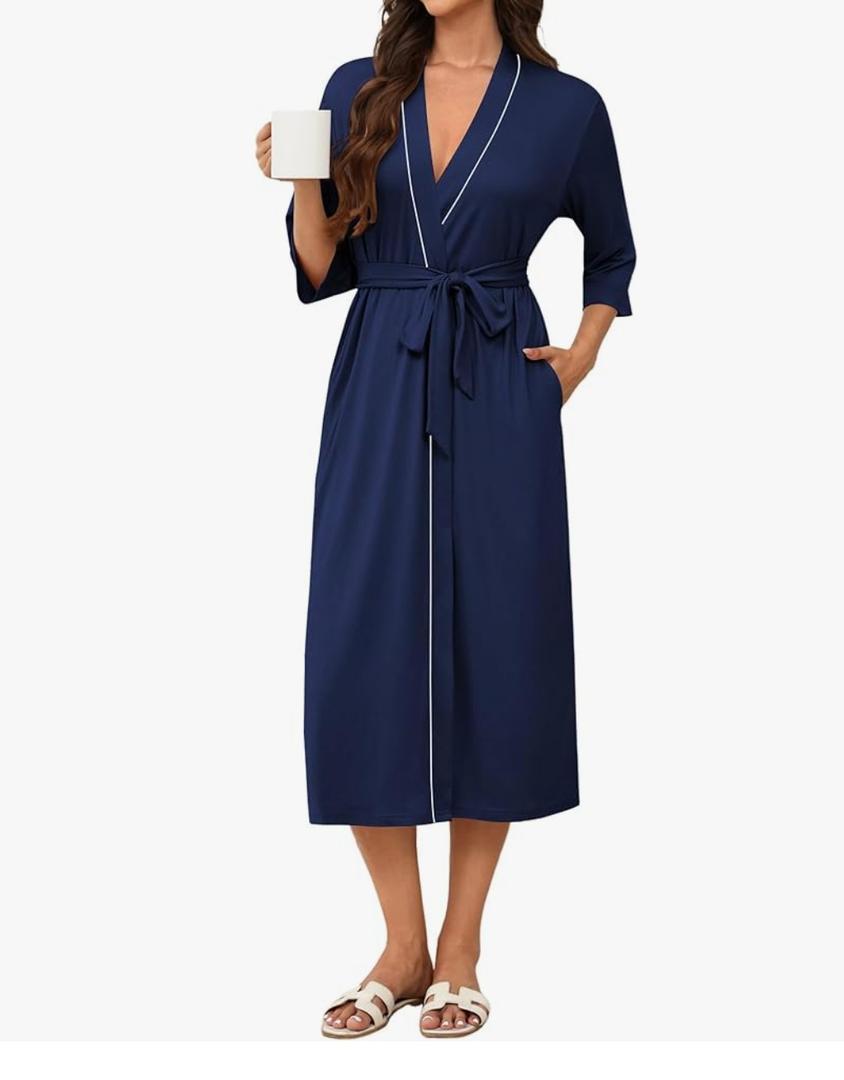 Ekouaer Robes for Women Long Knit Bathrobe Lightweight 3/4 Sleeves Kimono Robe Soft Sleepwear with Pockets Large Dark Blue