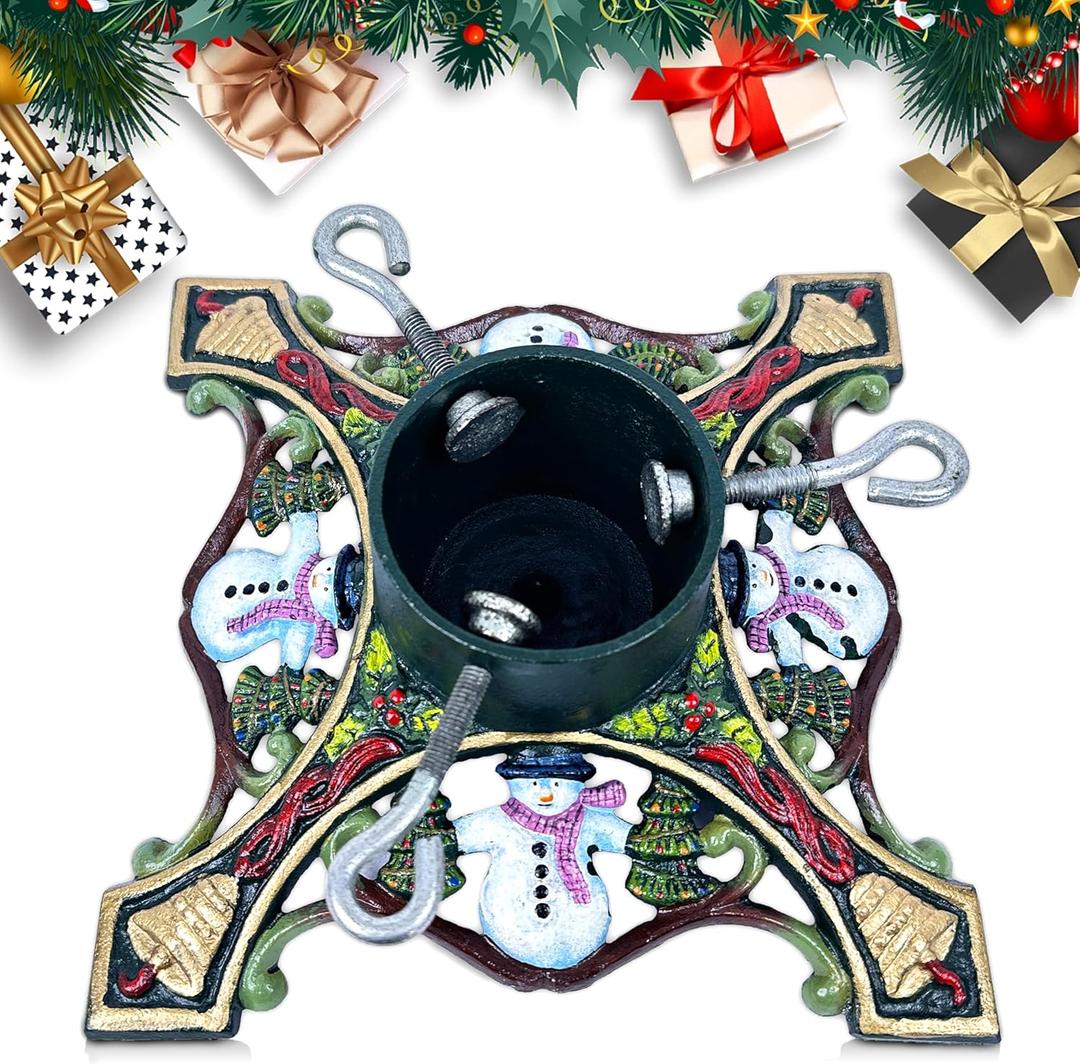 Christmas Tree Stand, Cast Iron Christmas Tree Stand for Real Trees Artificial Trees, Holds Up to 6ft Trees with 1.77" Trunks, Snowman-designed Xmas Metal Tree Stands for Holiday Decor