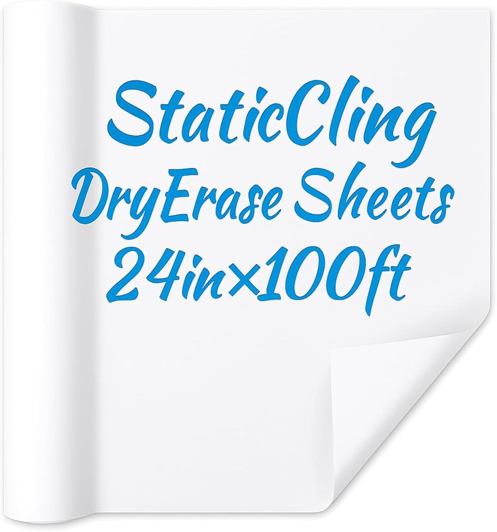 24in x 100ft Static Cling White Board Dry Erase Wallpaper Sticker, Removable Reusable Whiteboard Paper for Wall, No Adhesive No Residue, Stain-Proof White Board Dry Erase Roll for Office, Classroom