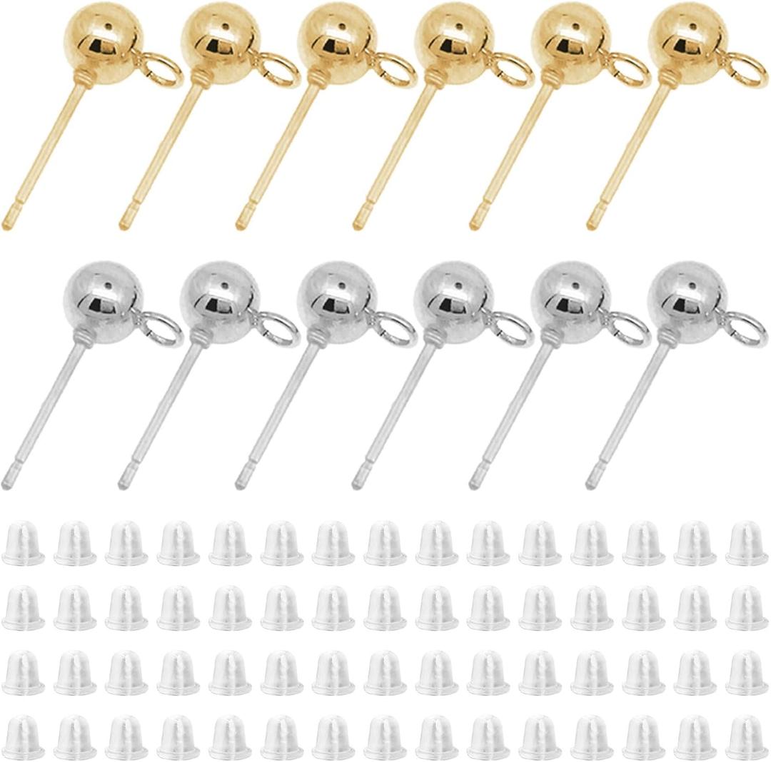 540Pcs Earring Studs for Jewelry Making,240Pcs Ball Post Earring Stud with 300Pcs Silicone Clear Earring Backs Hypoallergenic Earring Posts Stud Earrings for Jewelry Findings Earring Making Supplies (540Pcs KC Gold,White K)