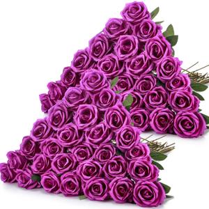 Hotop 40 Pcs Rose Artificial Flowers Bulk with Long Stem,Realistic Silk Fake Roses Bouquet for Home Wedding Centerpieces Party Table Decoration Valentines Gifts(Purple)