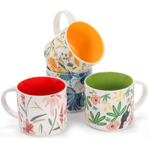 Frcctre Set of 4 Ceramic Coffee Mug Set, Large 15 Ounce Ceramic Tea Cup with Handle, Vintage Hand Painted Floral Porcelain Mug Colorful Restaurant Mug for Coffee, Tea, Milk, Hot Cocoa