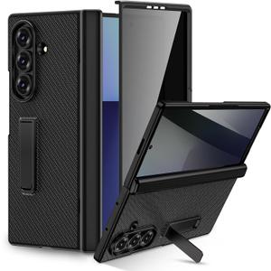 Ruky for Galaxy Z Fold 7 Phone Case with Kickstand, Full Body Case with Built-in Privacy Screen Protector & Magnetic Hinge Protection PU Leather Protective Case for Samsung Galaxy Z Fold 7 5G, Carbon
