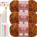 Chenille Yarn for Crocheting Knitting, 3 Skein 263 Yard Thick Soft Chunky Fluffy Weaving Plush Yarn for Blankets Clothes Pattern Creations with Big Eye Needles (Khaki) (Solid Color)
