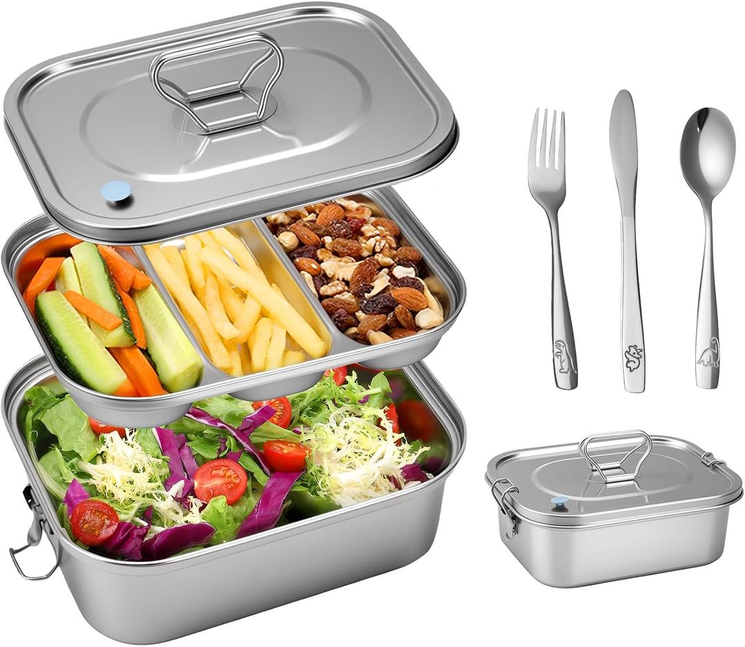 Stainless Steel Lunch Box Leakproof 3Compartment Tray, 1800ml Stainless Steel Bento Box with Utensil Set, Sauce Cups and Lunch Bag, DishwasherSafe Snack Box for Work, Office, Travel, Picnic