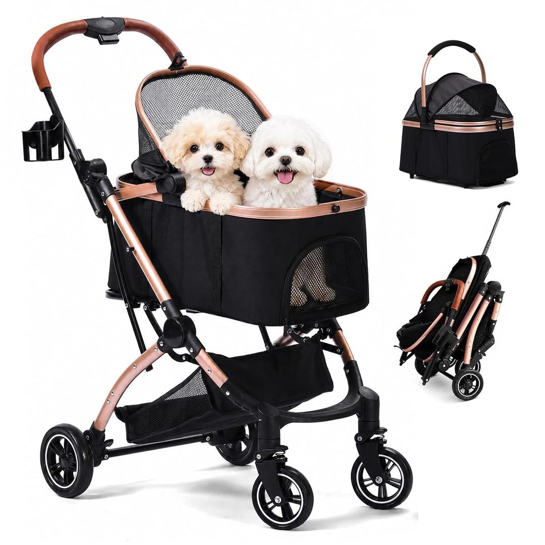 Dog Strollers for Small Dogs and Cats, 3-in-1 Pet Stroller with Removable Carrier, 4 Wheels One-Hand Fold Travel Carriage with Storage, Cup Holder and Car Seat, Black
