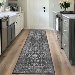 Washable Area Rug 2x6 Black Runner Rugs for Living Room, Vintage Boho Hallway Large Rug for Bedroom Dining Room Office, Distressed Floral Carpet for Under Table, Soft Non Slip Low Pile Throw Carpet