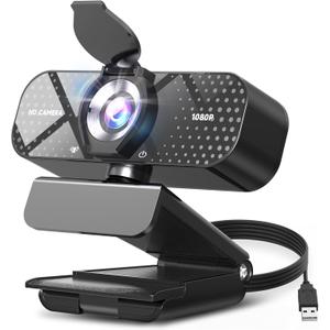 1080P HD Webcam with Microphone, Noise Cancellation, Privacy Cover, Wide-Angle Lens, Auto Light Correction, Plug & Play USB Webcam for Laptop, Desktop, PC, Mac, Zoom, Skype, Streaming Black