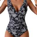 Eomenie One Piece Swimsuit for Women Tummy Control Plunge V Neck Bathing Suit Slimming Wide Straps Swimwear Large, Black White Print 