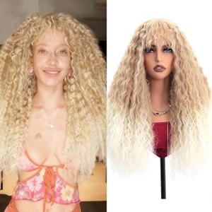 YXCHERISHAIR Curly Wigs for Black Women Ombre Blonde Afro Bomb Curly Wig with Bangs Long Curly Wavy Wig Synthetic Fiber Glueless Long Kinky Curly Hair (T27/613, 24inch)