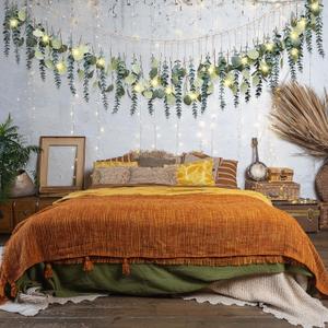 Juexica Fall Artificial Eucalyptus Wall Hanging Boho Decor with LED Light Bedroom Wall Farmhouse Nursery Decor with LED String Lights for Fall Home Office Bathroom Kitchen(Green)