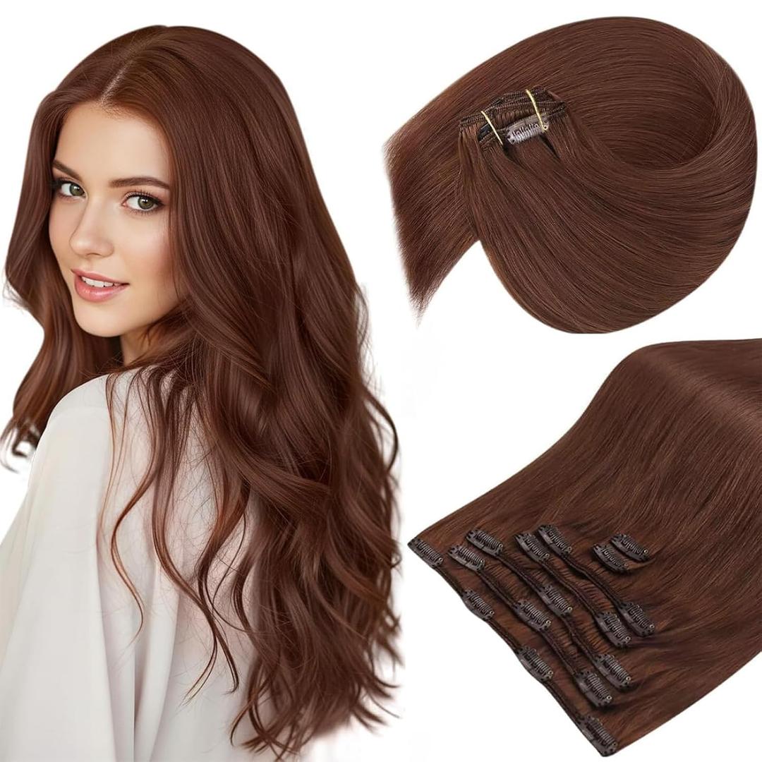 Sunny Hair Clip in Hair Extensions Real Human Hair Double Weft Remy Hair Clip in Extensions Human Hair for Women Full Head Dark Auburn Red 16inch