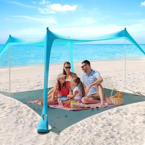 Beach Tent - 10 x 10 FT Beach Canopy, Outdoor Shade Canopy for Camping, Portable Tent Sun Shelter UPF50 with 4 Sandbags, Anti-Wind Ropes, Ground Pegs and Stability Poles, Light Blue