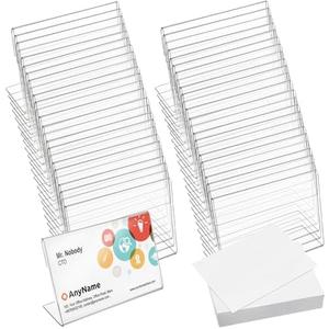 Hedume Set of 50 Clear Sign Display Holder with Blank Labels, 3.6 x 2.5 Inches Horizontal Slanted Back L-Shape Acrylic Name Card Price Card Tag Label Counter Top Stand for Office, Store, Restaurant