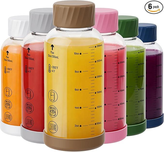 Sursip Glass Juice Bottles 6 Pack 12 oz – Wide Mouth Borosilicate Glass Bottles with Lids – Heat-Resistant, Leakproof, BPA Free, Reusable for Juicing, Smoothies, Milk, Protein Drinks, Water